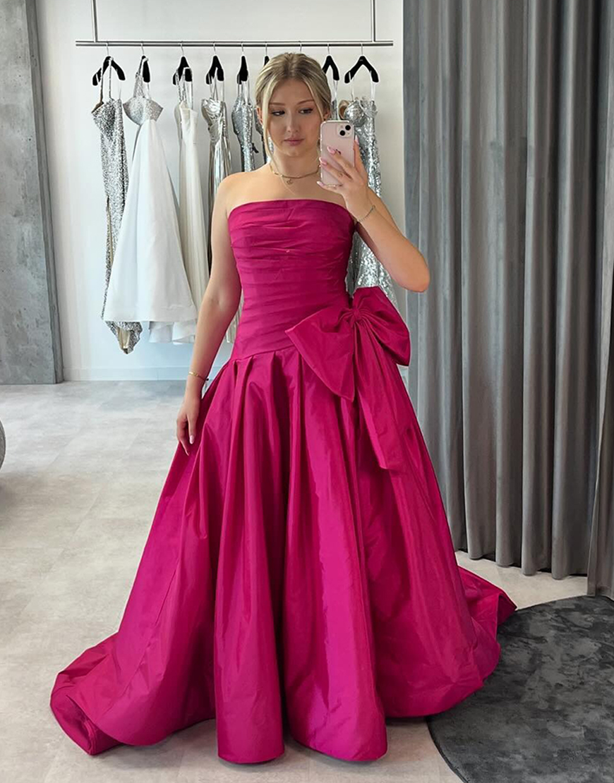 Fuchsia Ruched Strapless A-Line Satin Long Prom Dress with Bow