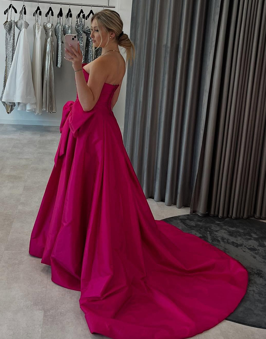 Fuchsia Ruched Strapless A-Line Satin Long Prom Dress with Bow