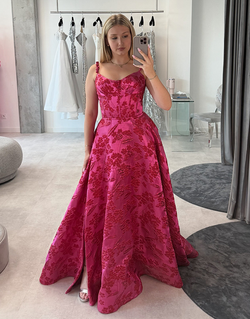 Fuchsia Floral A-Line Scoop Neck Long Corset Prom Dress with Slit