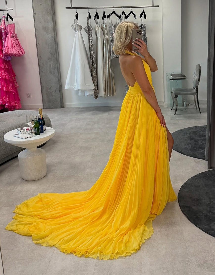 Yellow A-Line Chiffon Pleated Halter Long Prom Dress with Slit