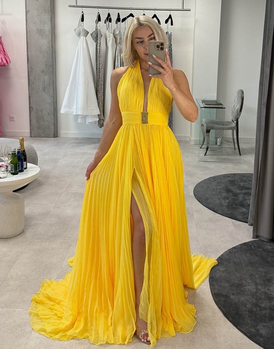 Yellow A-Line Chiffon Pleated Halter Long Prom Dress with Slit