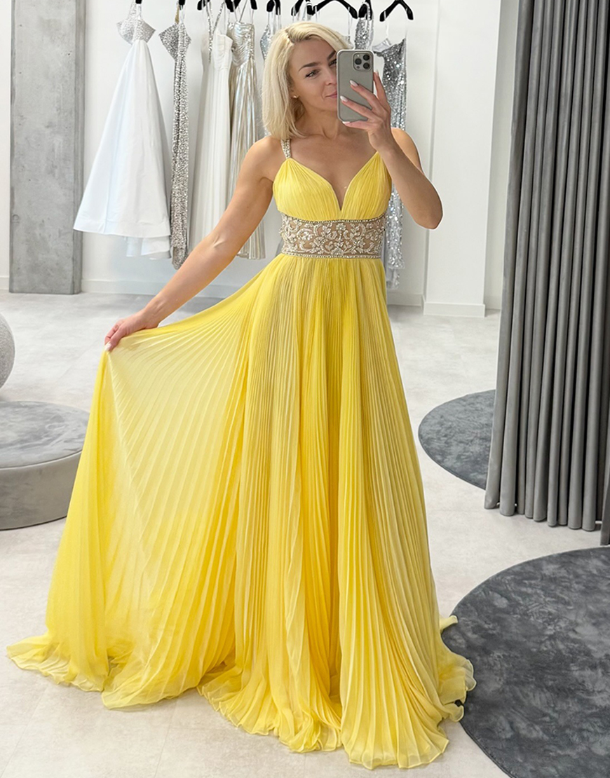 Sparkly Yellow A-Line Chiffon Pleated V-Neck Long Prom Dress with Beading