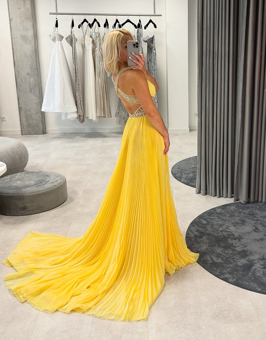 Sparkly Yellow A-Line Chiffon Pleated V-Neck Long Prom Dress with Beading