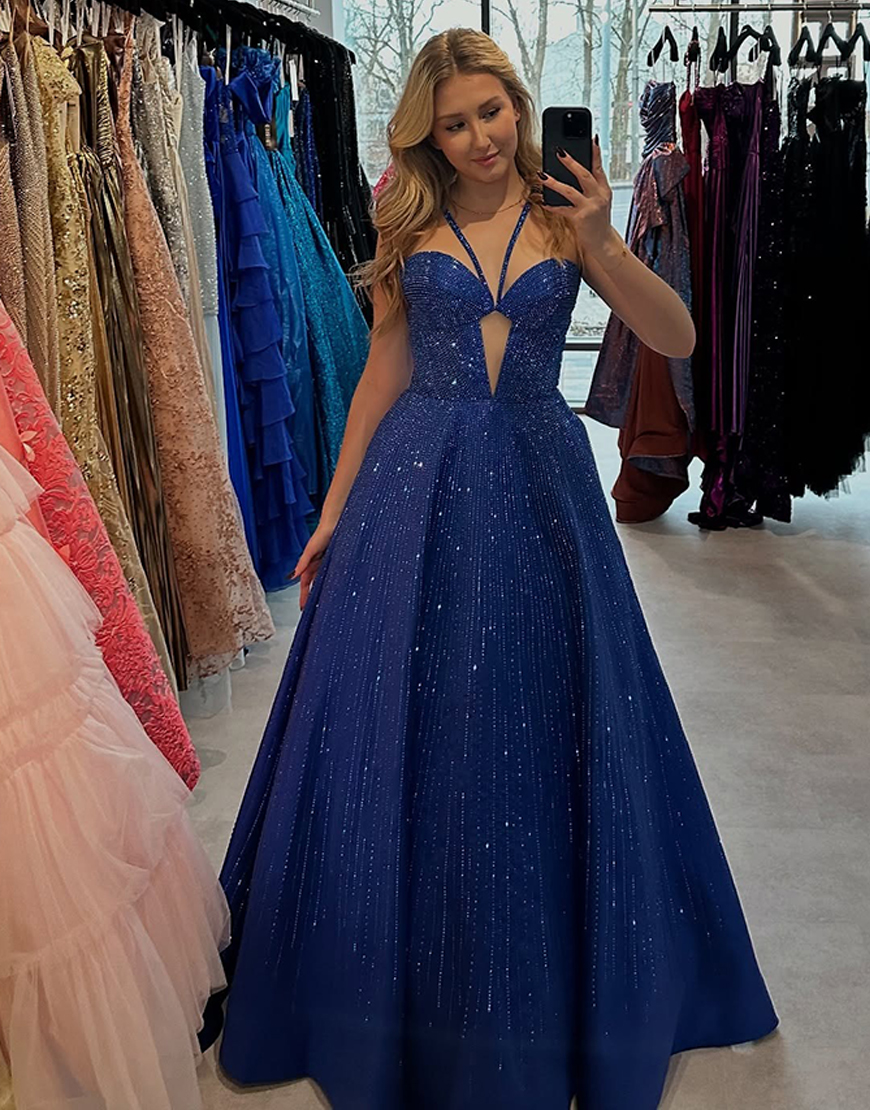 Sparkly Dark Blue Halter A-Line Satin Long Prom Dress with Beading