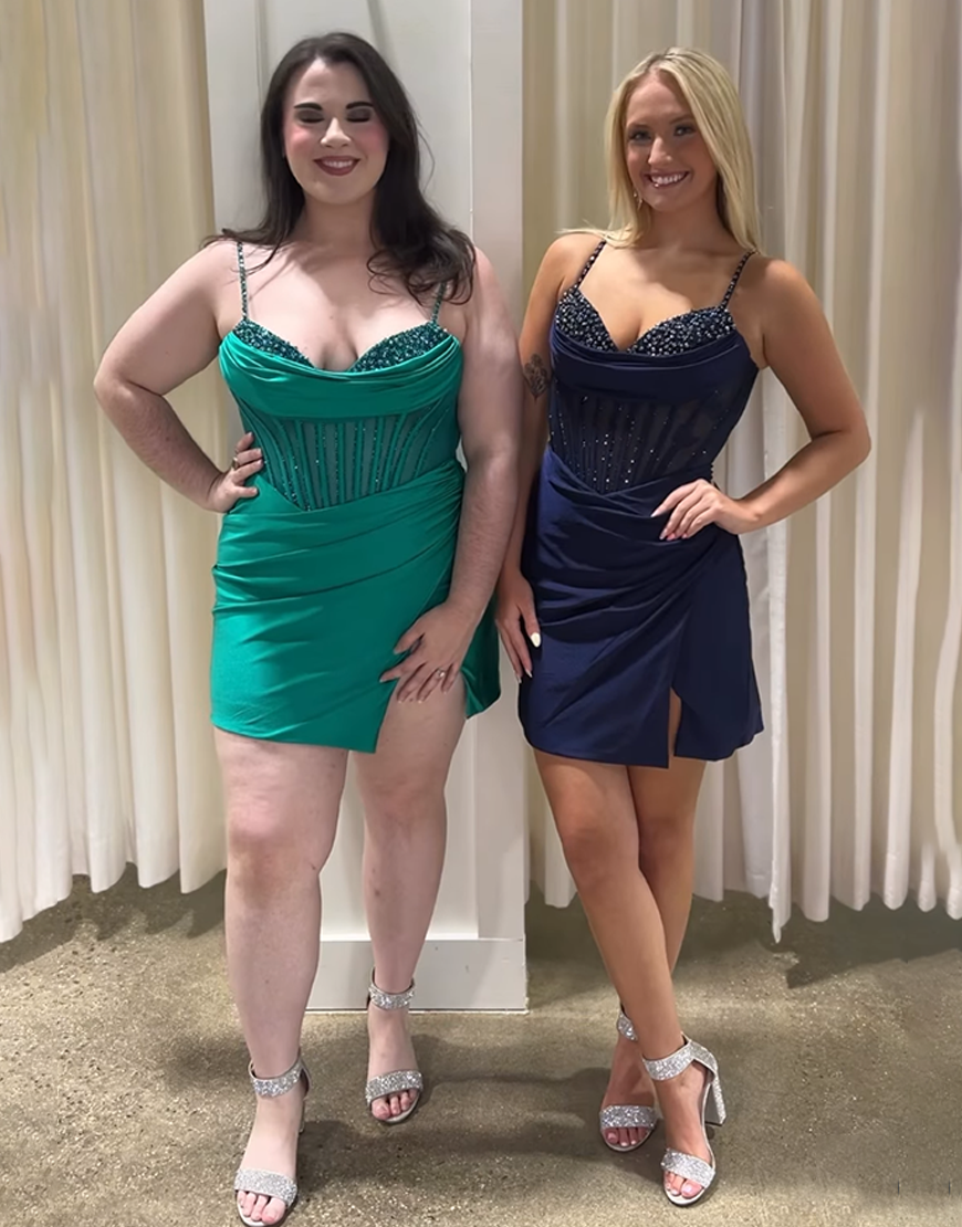 Sparkly Purple Spaghetti Straps Satin Corset Tight Short Homecoming Dress with Beading