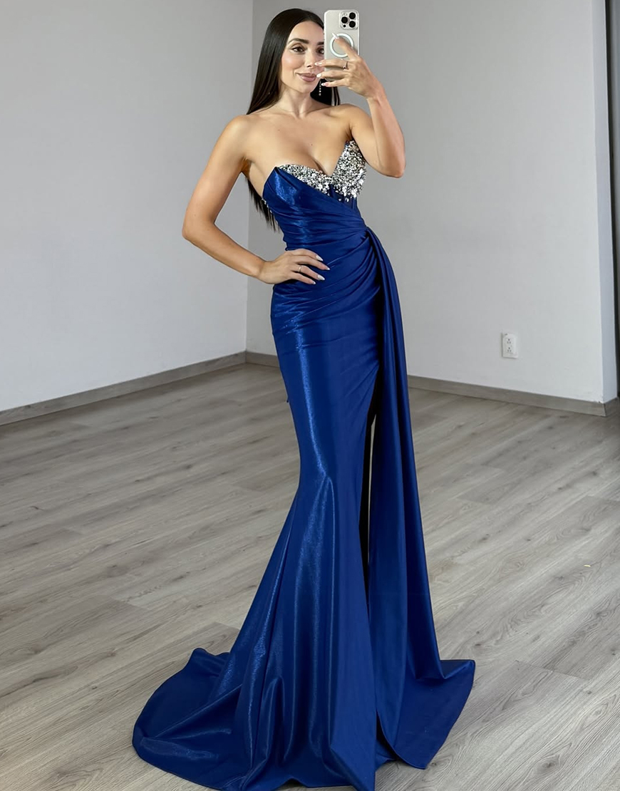 Sparkly Navy Sweetheart Long Satin Corset Prom Dress with Rhinestones