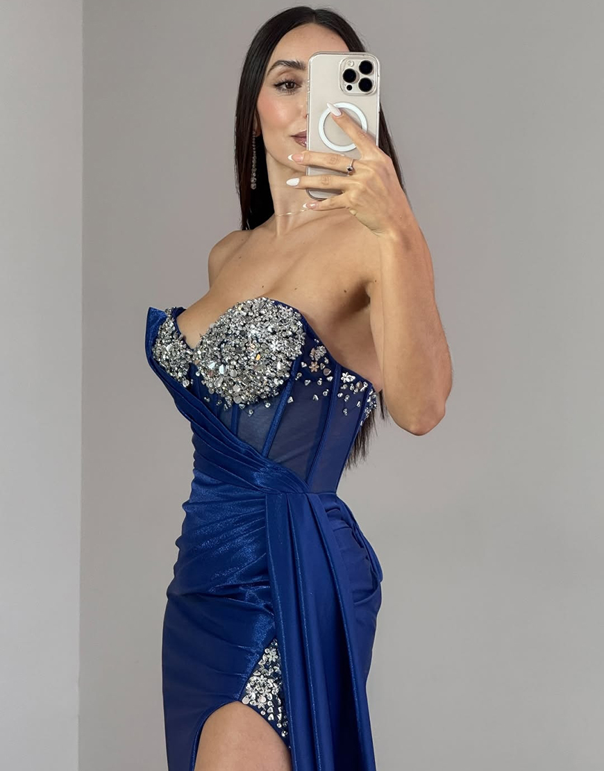 Sparkly Navy Sweetheart Long Satin Corset Prom Dress with Rhinestones