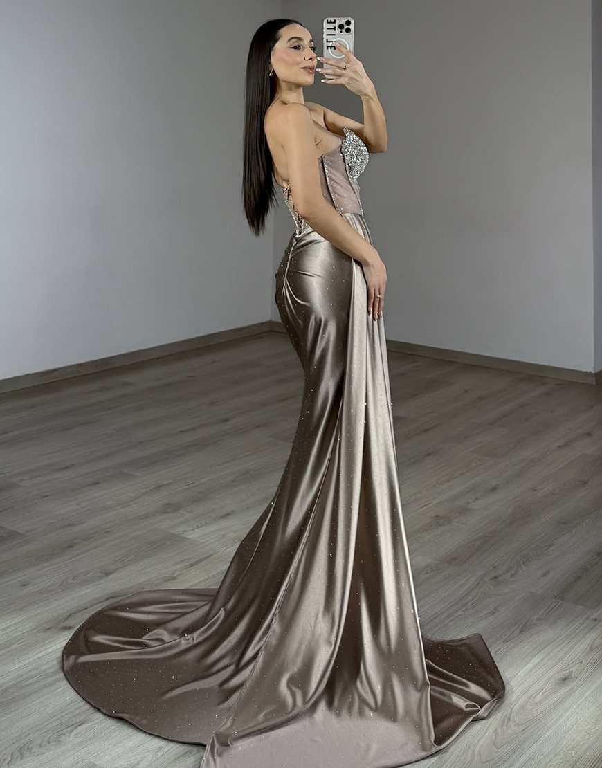 Sparkly Grey Mermaid Corset Long Satin Prom Dress with Slit