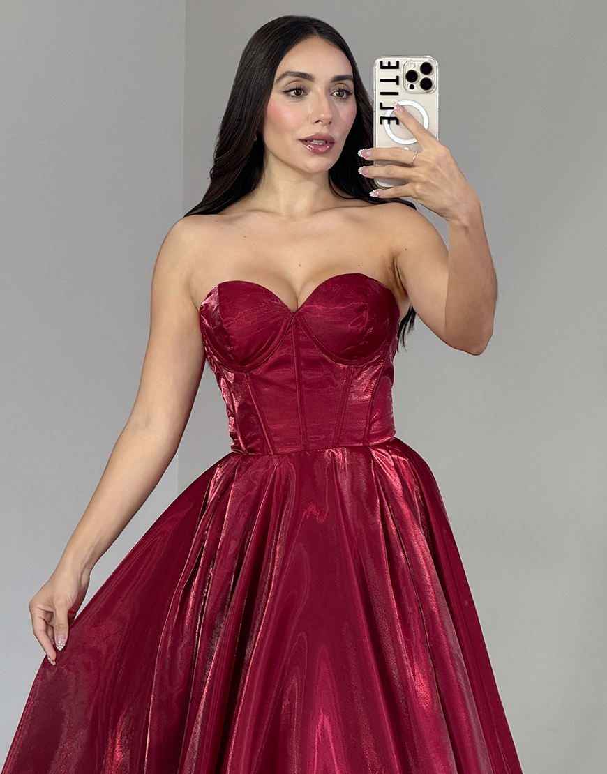 A Line Burgundy Long Corset Prom Dress with Ruffles