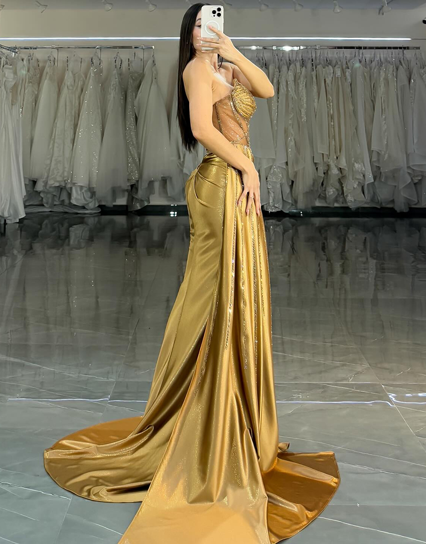 Sparkly Golden Mermaid Corset Beaded Satin Long Prom Dress with Slit