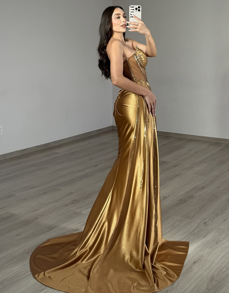 Sparkly Golden Mermaid Corset Beaded Satin Long Prom Dress with Slit