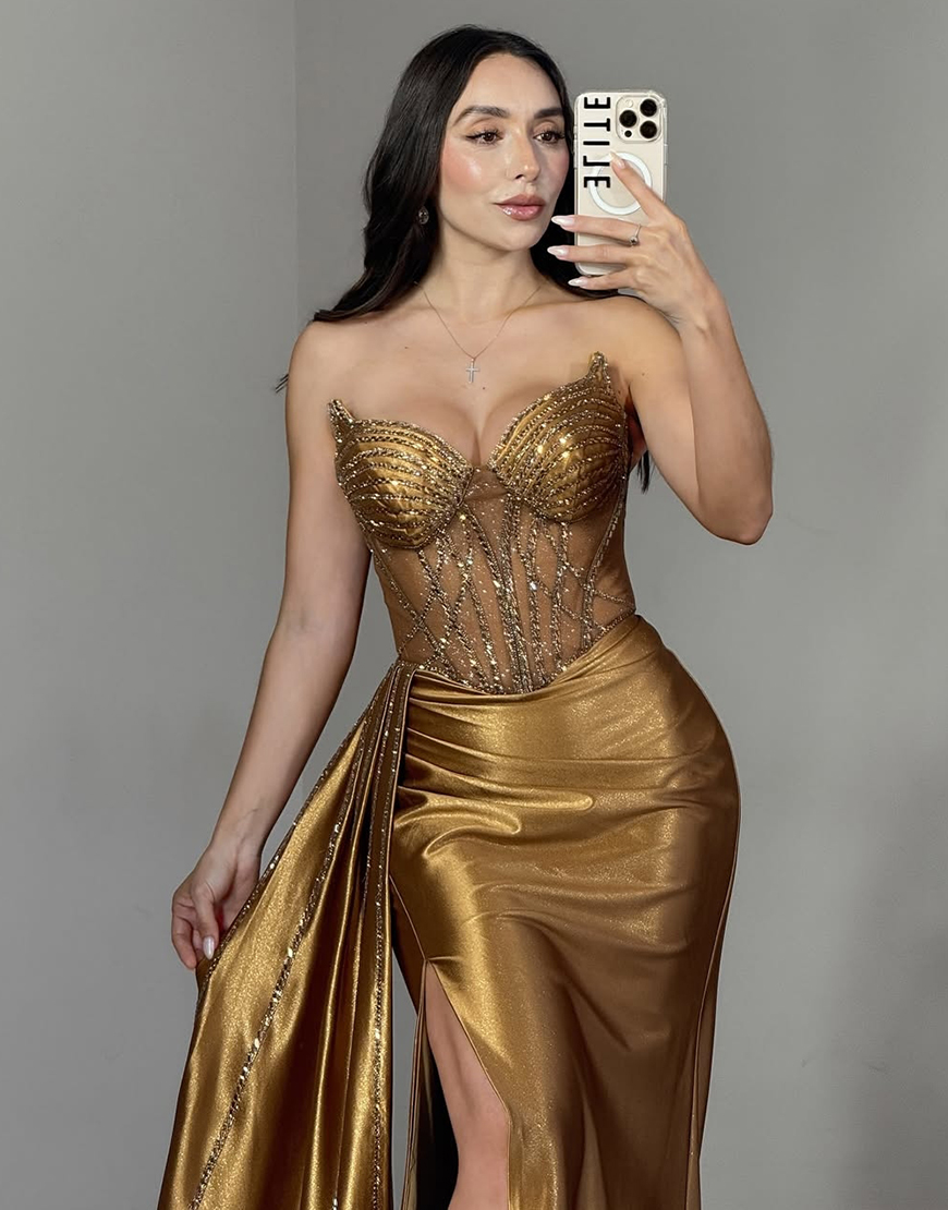Sparkly Golden Mermaid Corset Beaded Satin Long Prom Dress with Slit