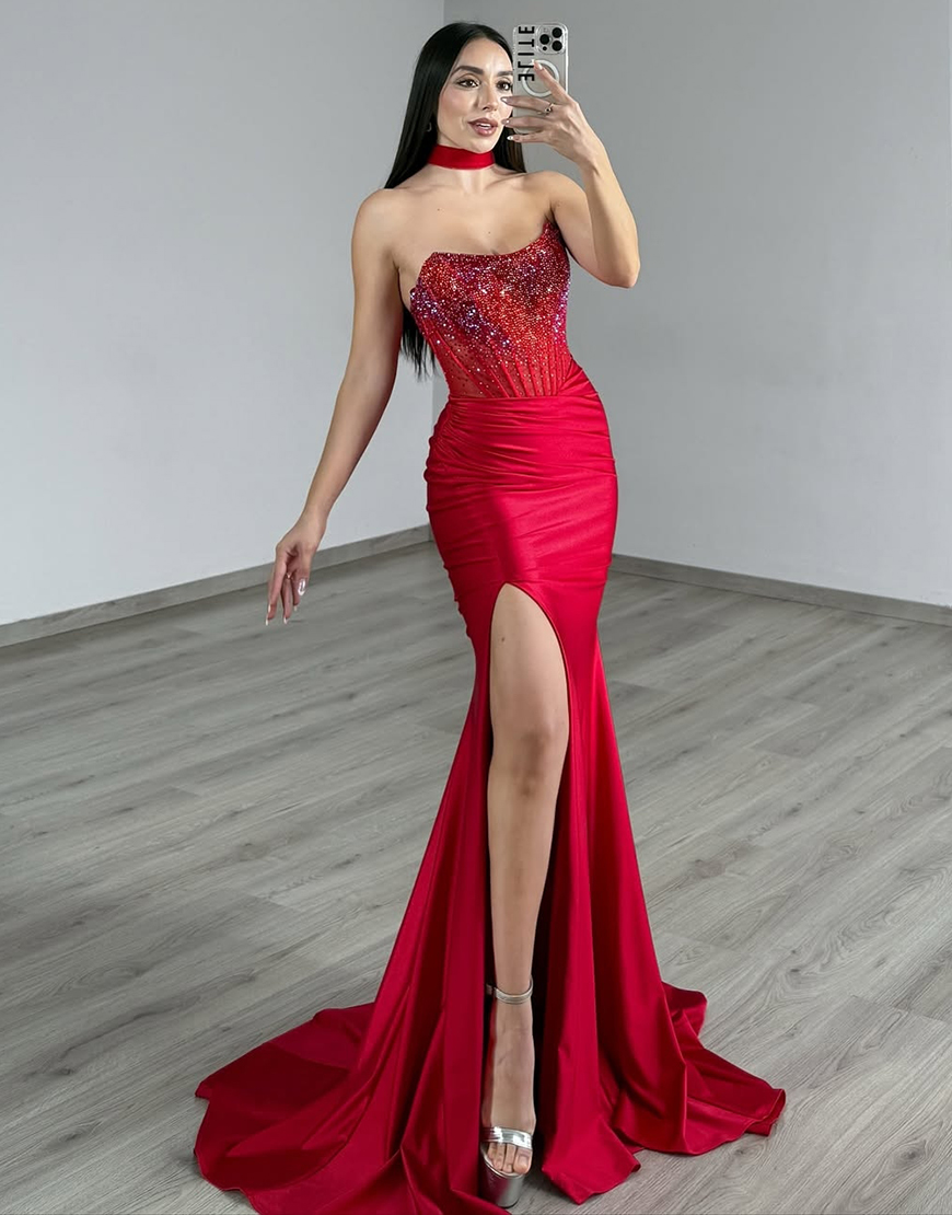 Sparkly Red Strapless Satin Corset Long Prom Dress with Slit