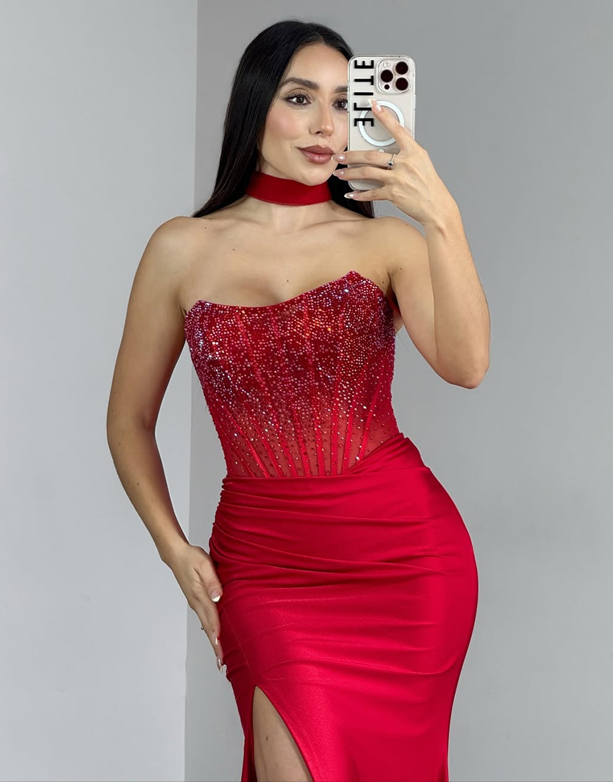 Sparkly Red Strapless Satin Corset Long Prom Dress with Slit
