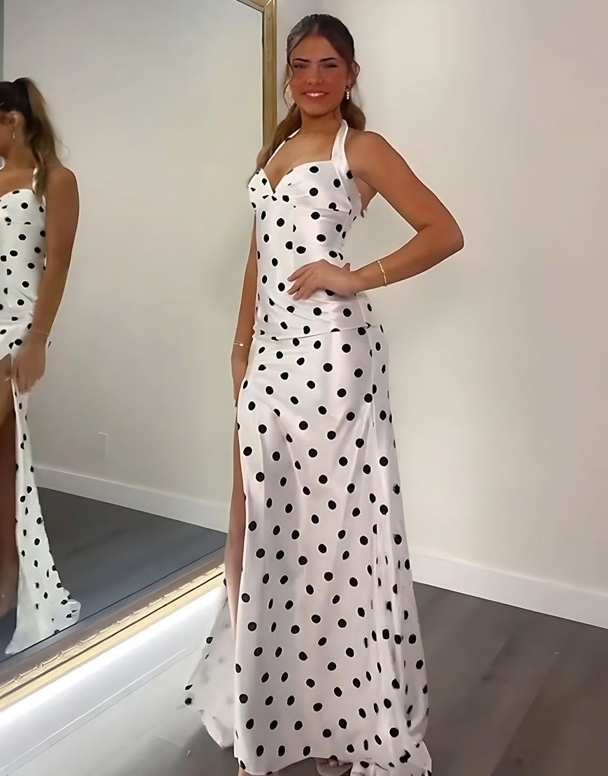 White Black Dot Sheath Halter Corset Long Prom Dress with Slit