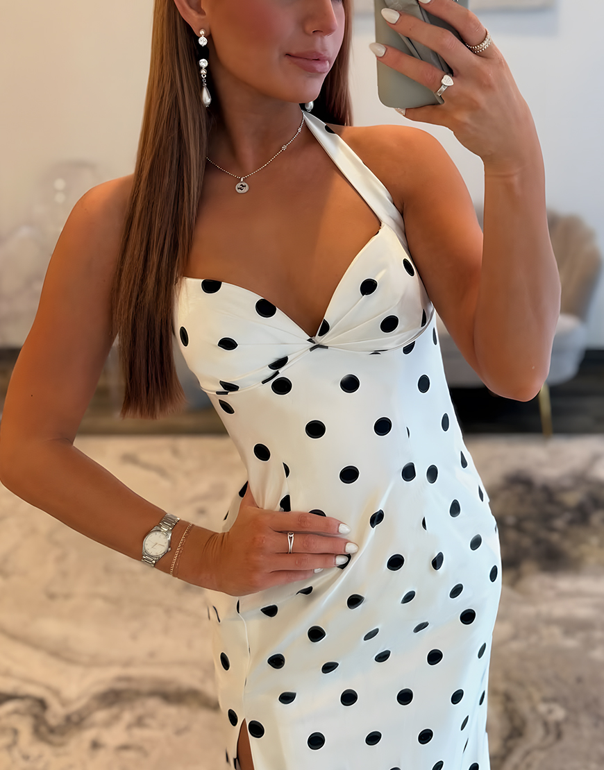 White Black Dot Sheath Halter Corset Long Prom Dress with Slit