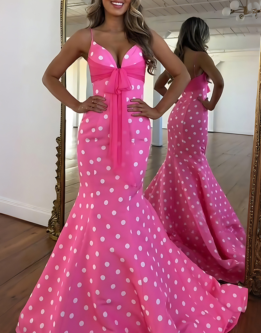 White Black Dot Mermaid Spaghetti Straps Satin Long Prom Dress with Sash