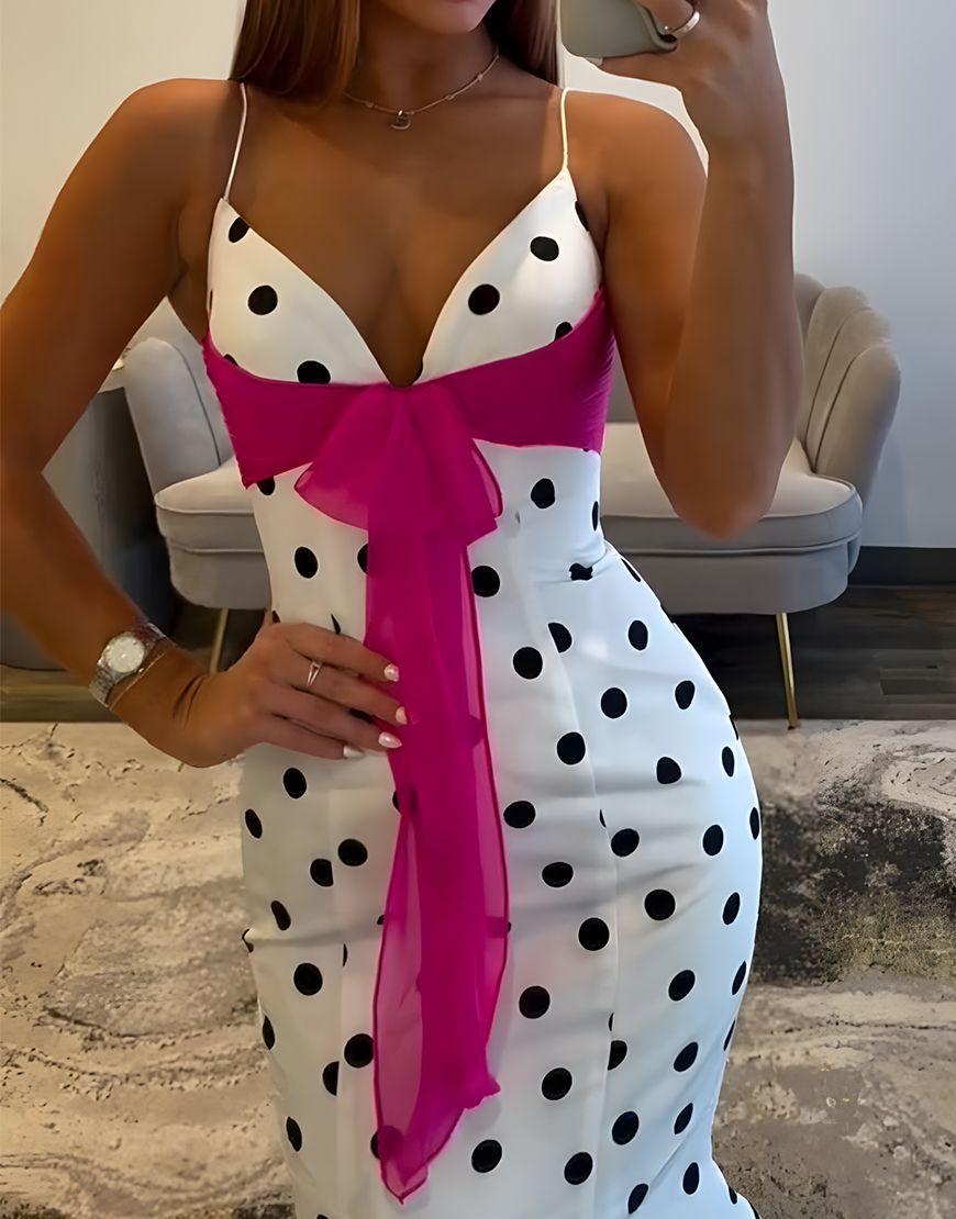 White Black Dot Mermaid Spaghetti Straps Satin Long Prom Dress with Sash