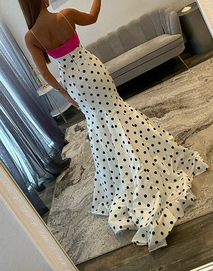 White Black Dot Mermaid Spaghetti Straps Satin Long Prom Dress with Sash
