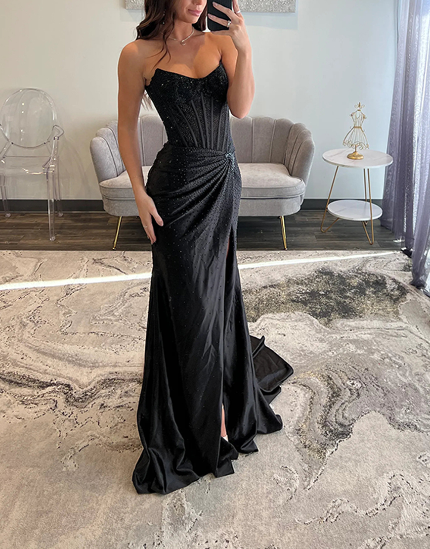 Sparkly Black Sheath Long Corset Satin Ruched Prom Dress with Slit