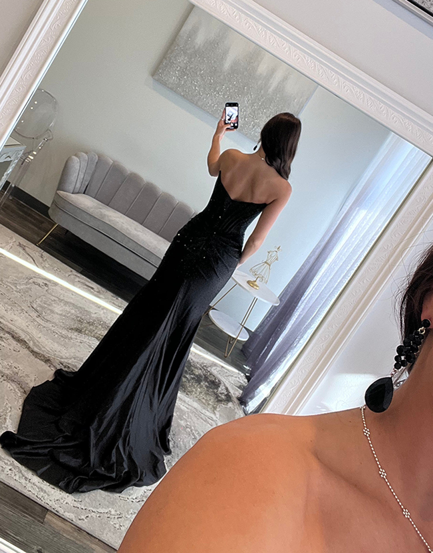 Sparkly Black Sheath Long Corset Satin Ruched Prom Dress with Slit