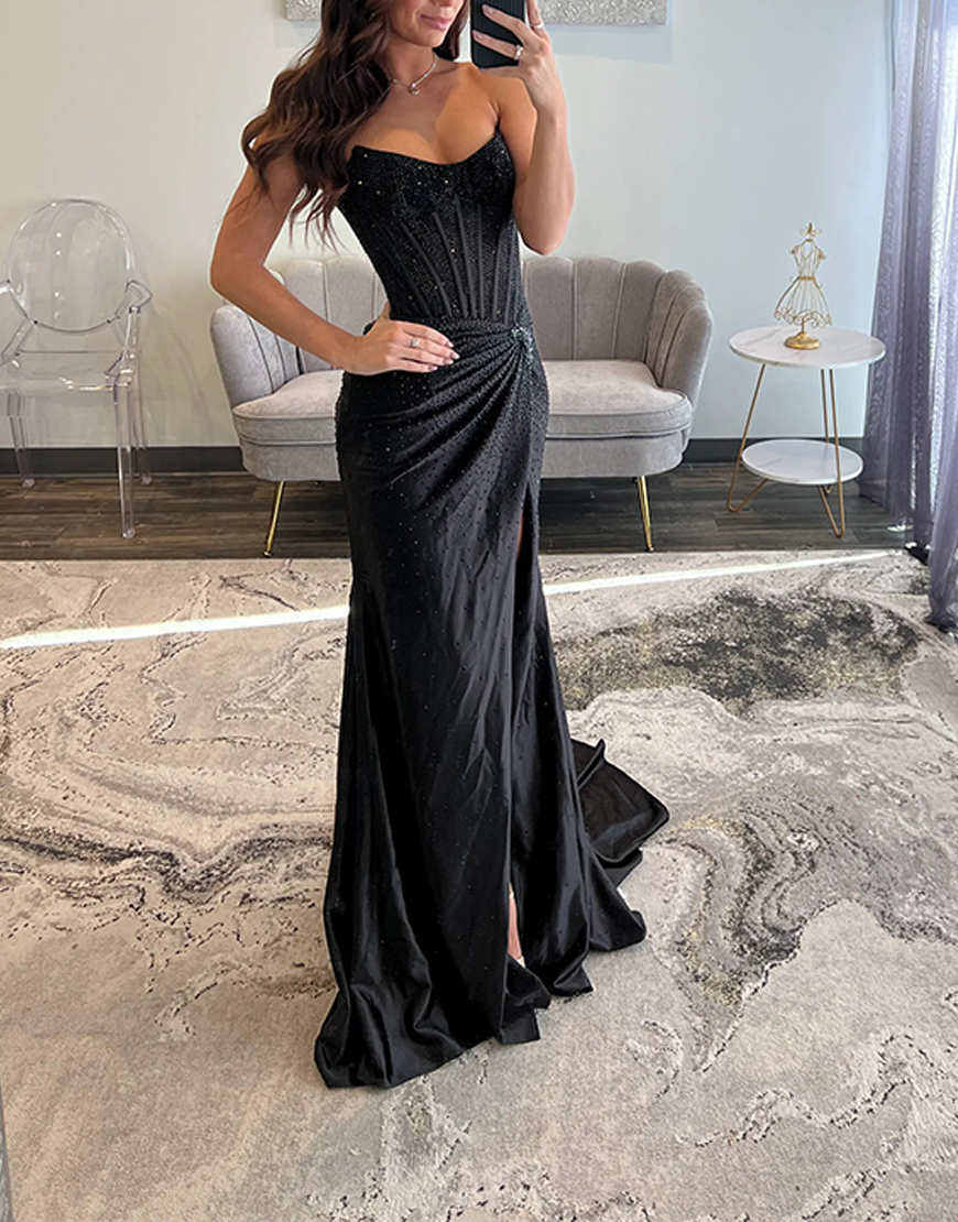 Sparkly Black Sheath Long Corset Satin Ruched Prom Dress with Slit
