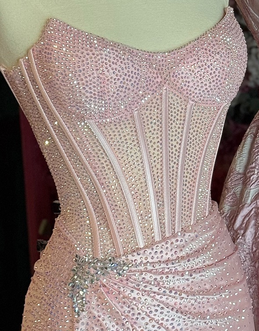 Sparkly Sheath Blush Long Corset Satin Ruched Prom Dress with Slit