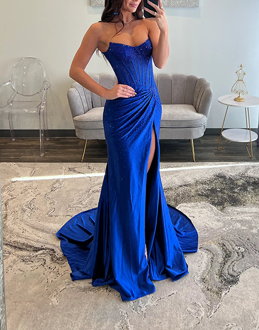 Sparkly Black Sheath Long Corset Satin Ruched Prom Dress with Slit