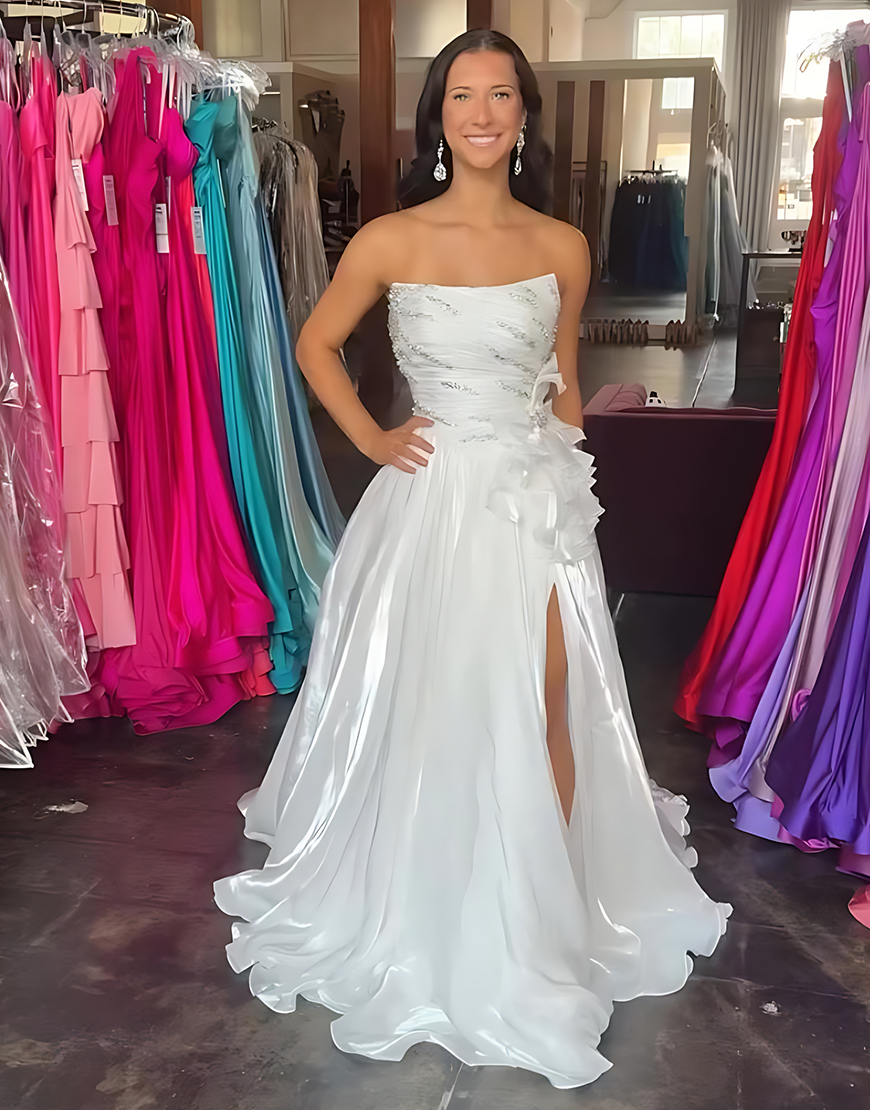 Sparkly White A Line Ruffled Strapless Long Prom Dress with Rhinestones