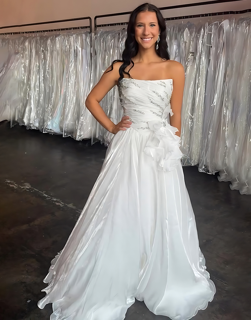 Sparkly White A Line Ruffled Strapless Long Prom Dress with Rhinestones