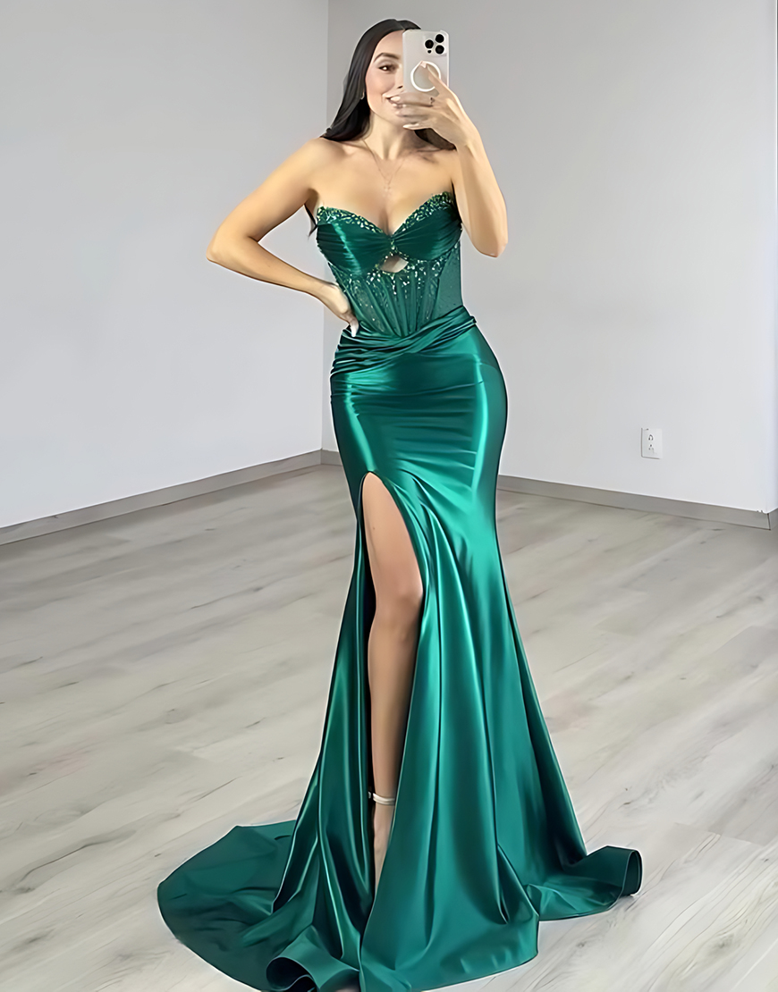 Sparkly Dark Green Corset Cut Out Long Satin Prom Dress with Beading