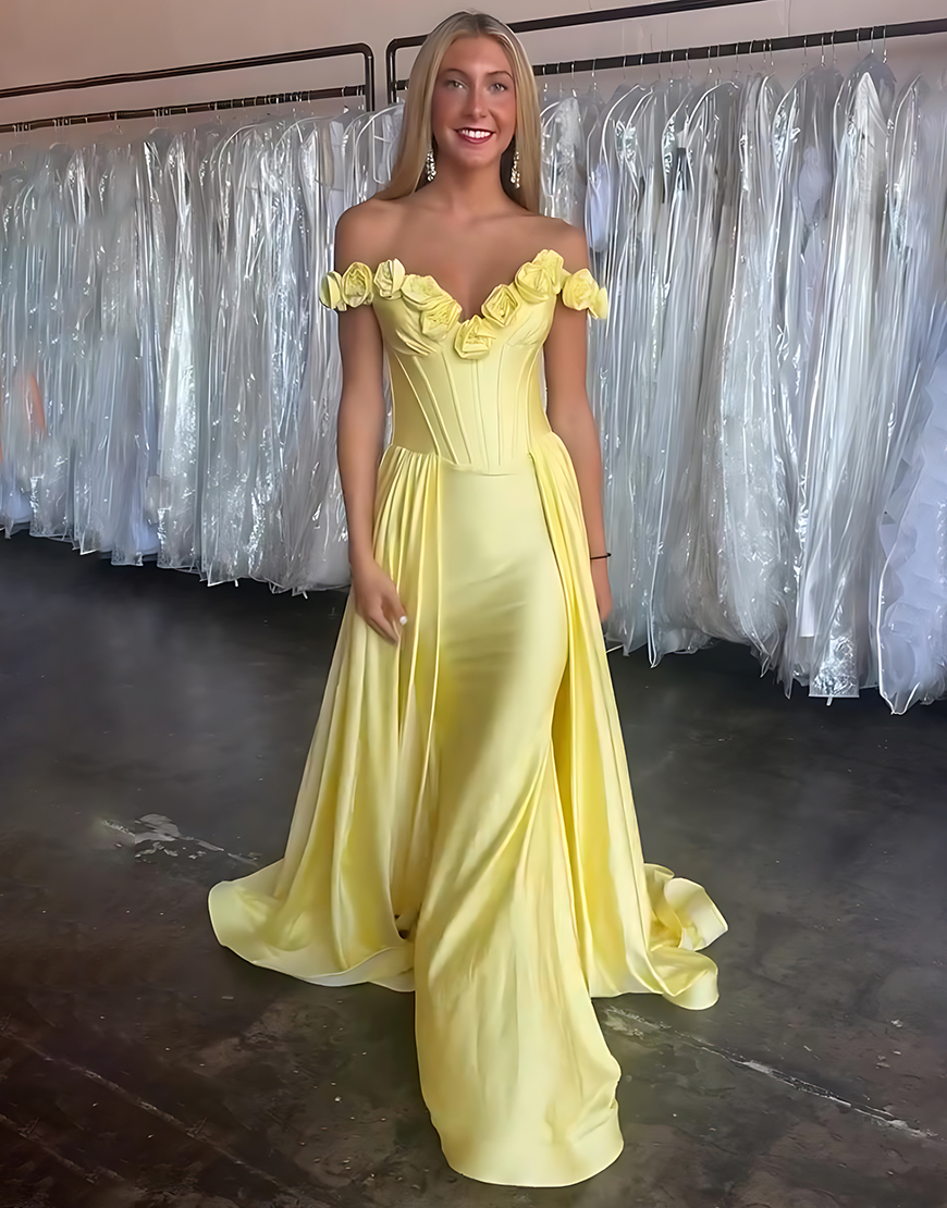 Yellow Floral Off the Shoulder Long Corset Satin Prom Dress with Cape