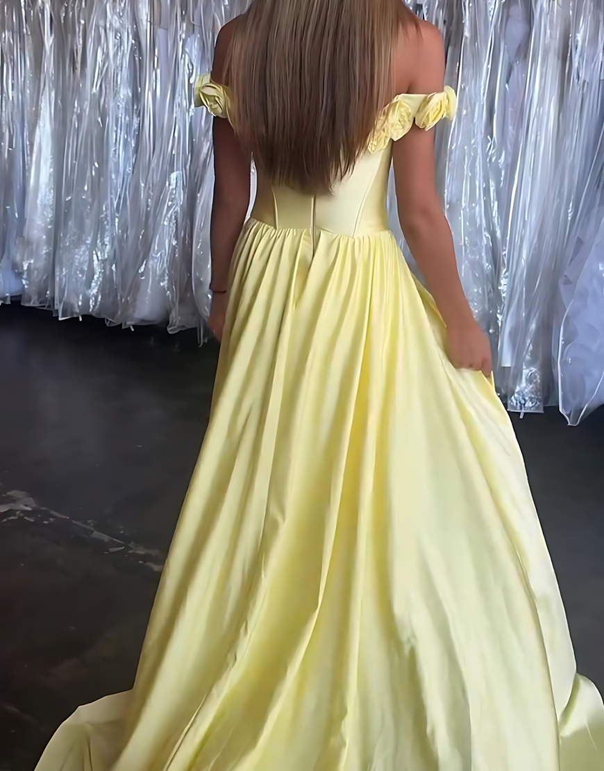 Yellow Floral Off the Shoulder Long Corset Satin Prom Dress with Cape