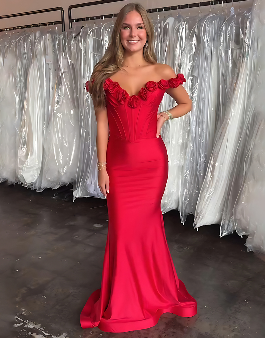 Red Mermaid Floral Off the Shoulder Satin Corset Long Prom Dress