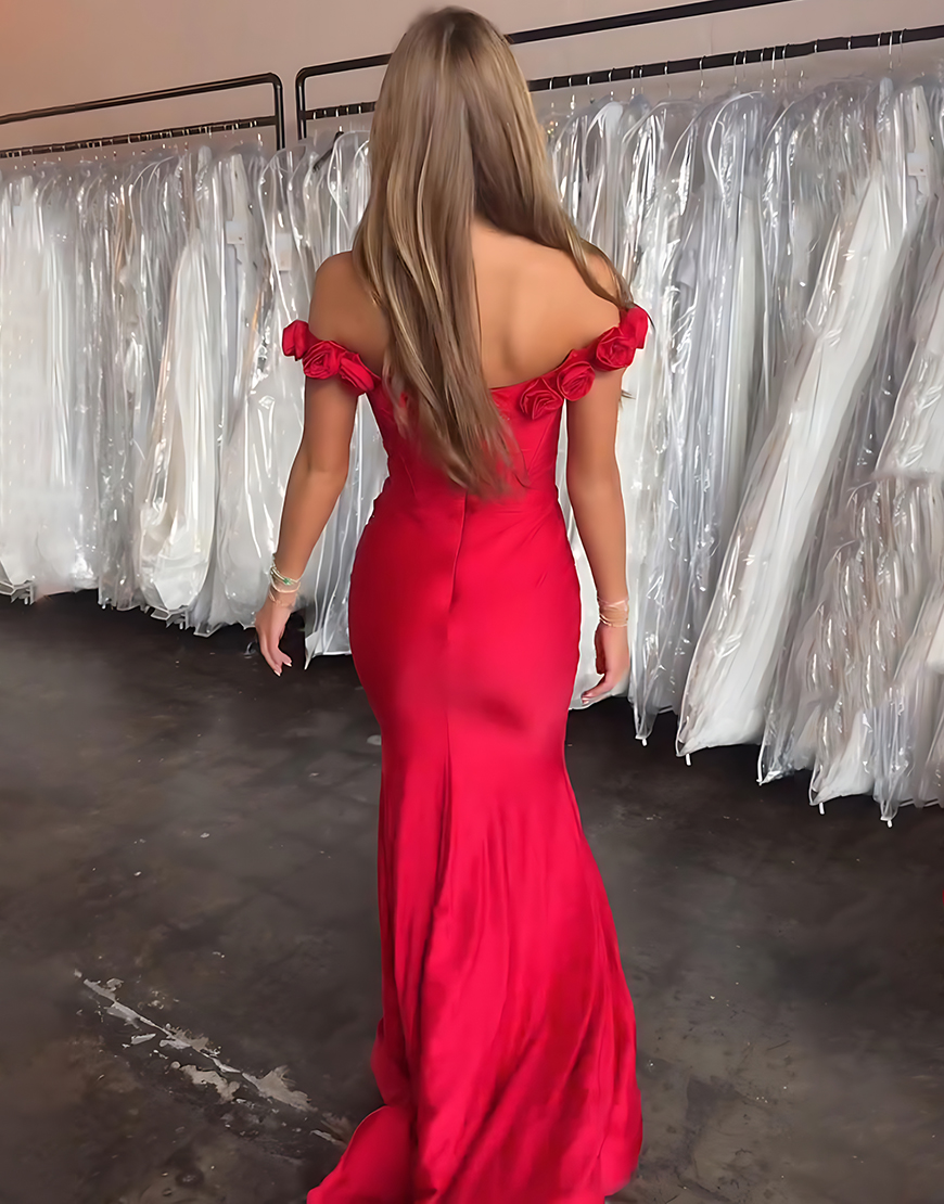 Red Mermaid Floral Off the Shoulder Satin Corset Long Prom Dress