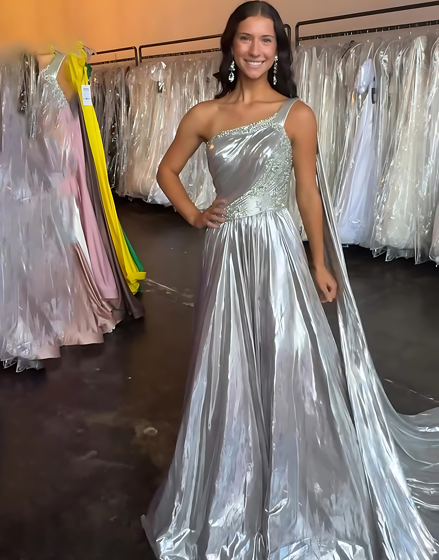 Sparkly Silver Metallic One Shoulder Long Beaded Prom Dress
