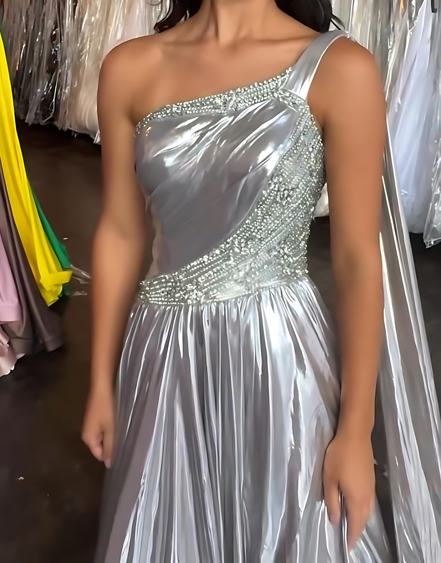 Sparkly Silver Metallic One Shoulder Long Beaded Prom Dress
