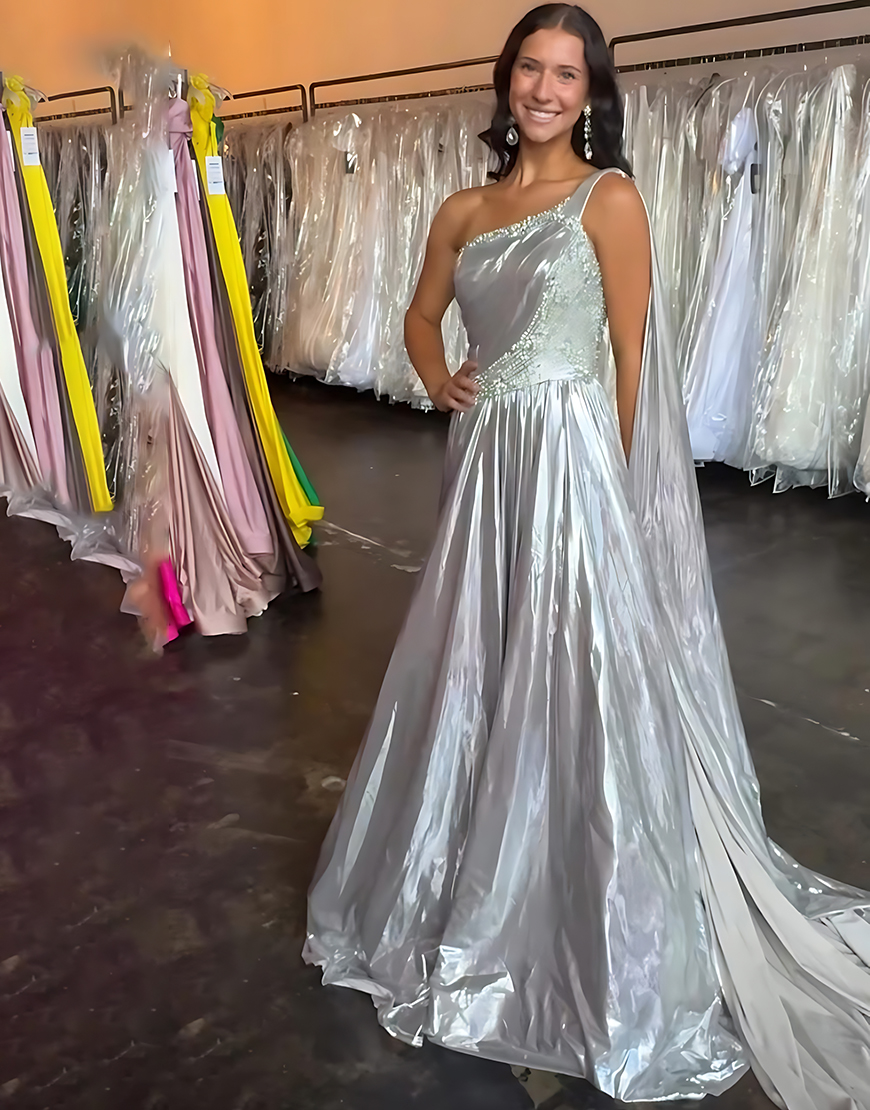 Sparkly Silver Metallic One Shoulder Long Beaded Prom Dress