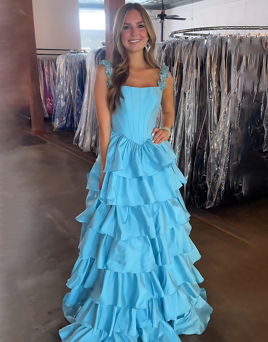 Berlinnova Women Sparkly Blue Ruffled Long Beaded Prom Dress with Rhinestones Satin A Line Tiered Corset Formal Dress