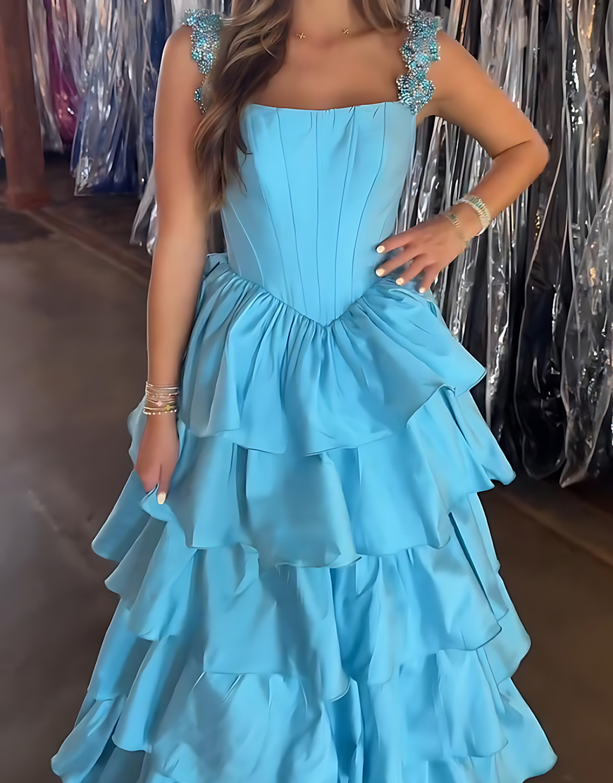 Sparkly Blue A Line Ruffled Corset Satin Long Prom Dress with Rhinestones