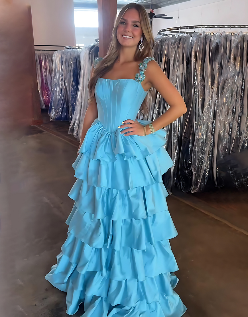 Sparkly Blue A Line Ruffled Corset Satin Long Prom Dress with Rhinestones