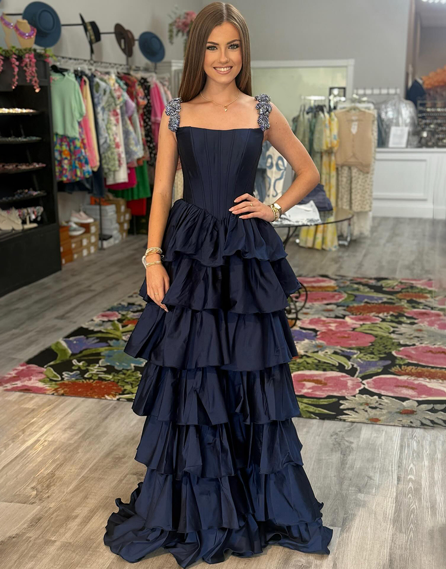 Sparkly Blue A Line Ruffled Corset Satin Long Prom Dress with Rhinestones