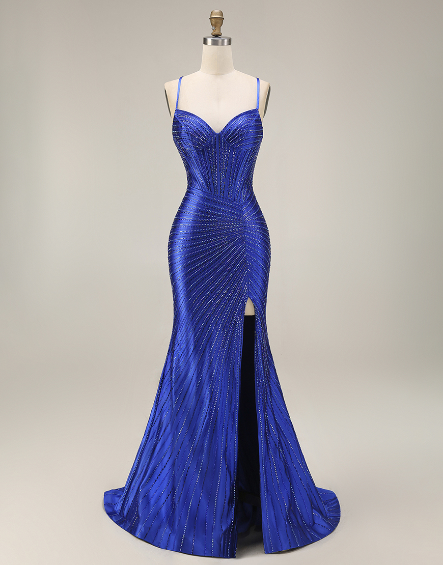 Sparkly Sparkly Royal Blue Mermaid Corset Beaded Long Prom Dress with Slit