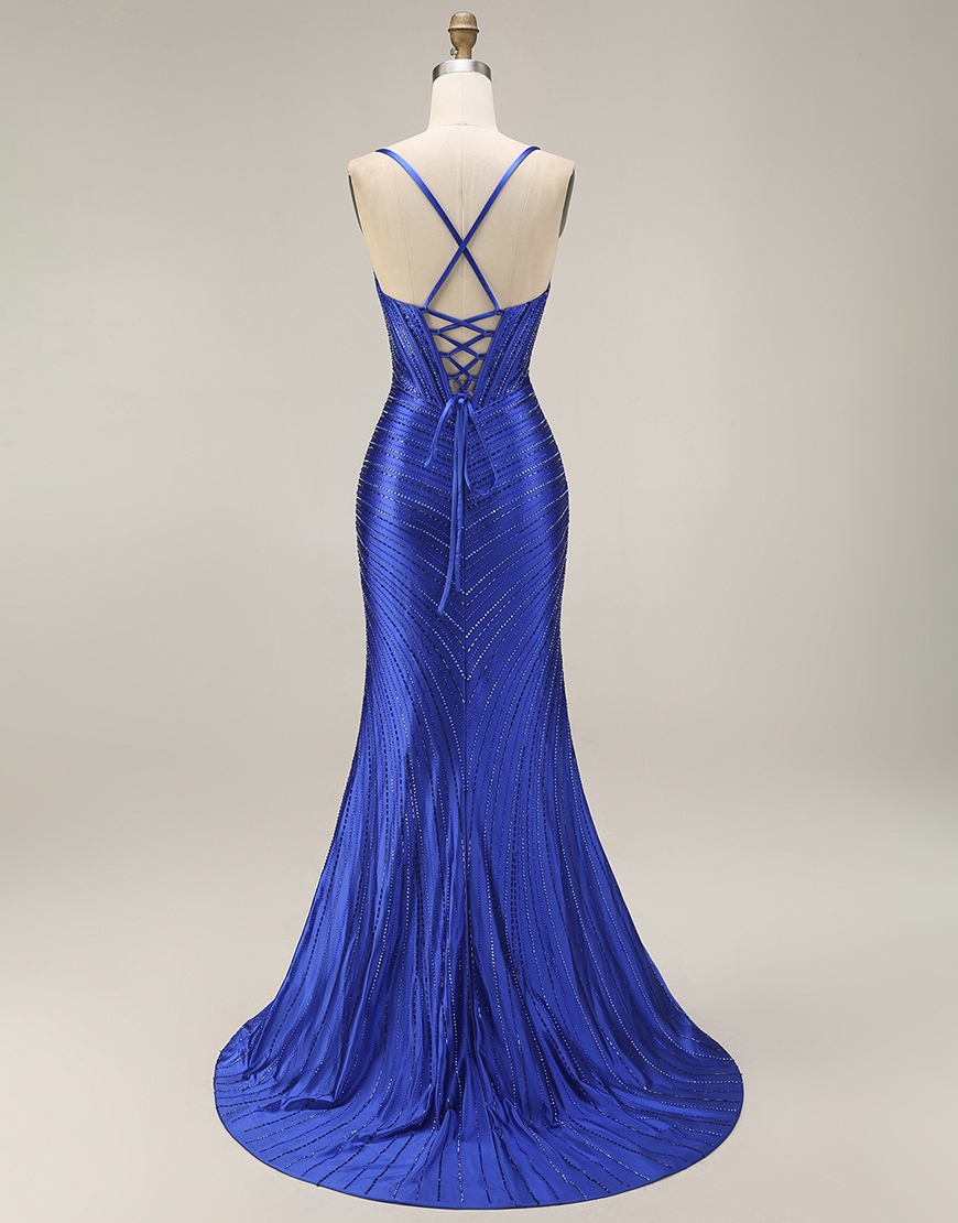 Sparkly Sparkly Royal Blue Mermaid Corset Beaded Long Prom Dress with Slit