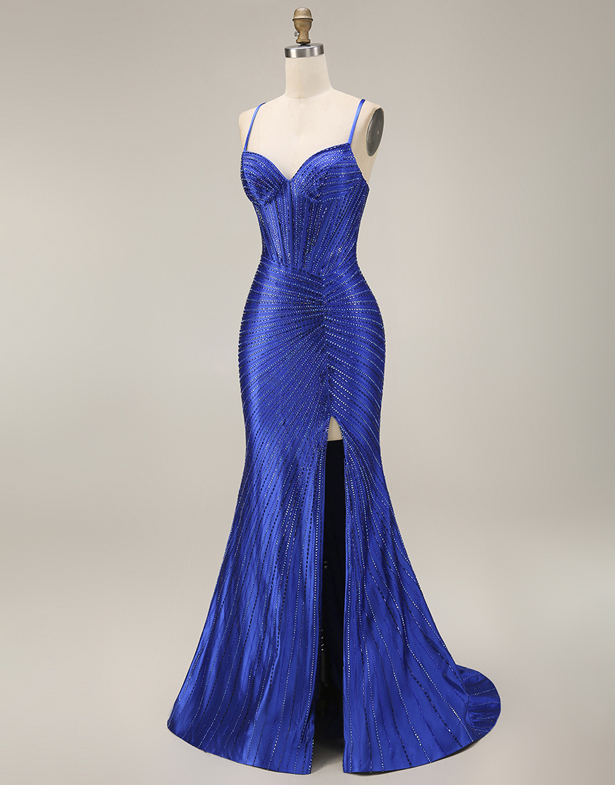 Sparkly Sparkly Royal Blue Mermaid Corset Beaded Long Prom Dress with Slit