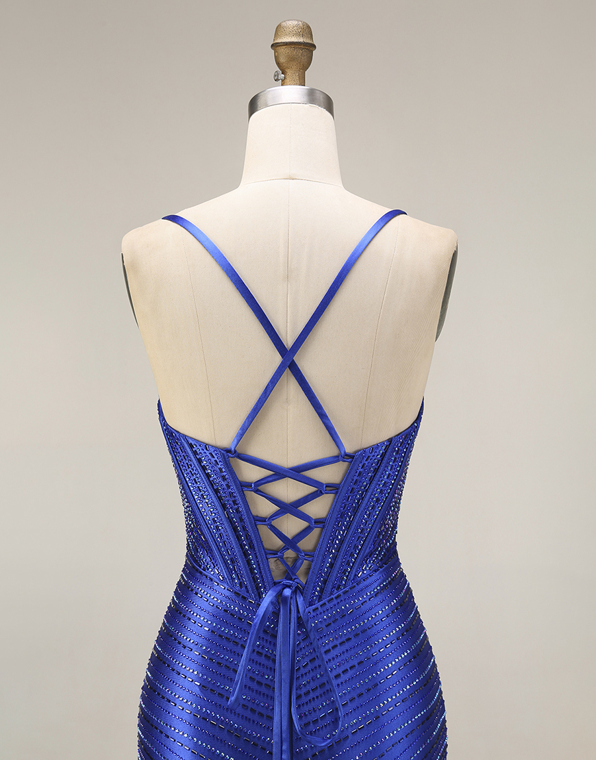 Sparkly Sparkly Royal Blue Mermaid Corset Beaded Long Prom Dress with Slit