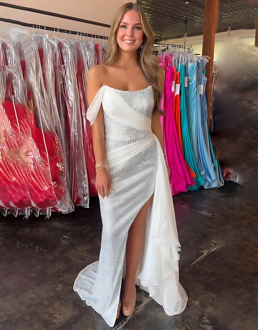 Sparkly Sheath White One Shoulder Beaded Long Prom Dress with Ruffles