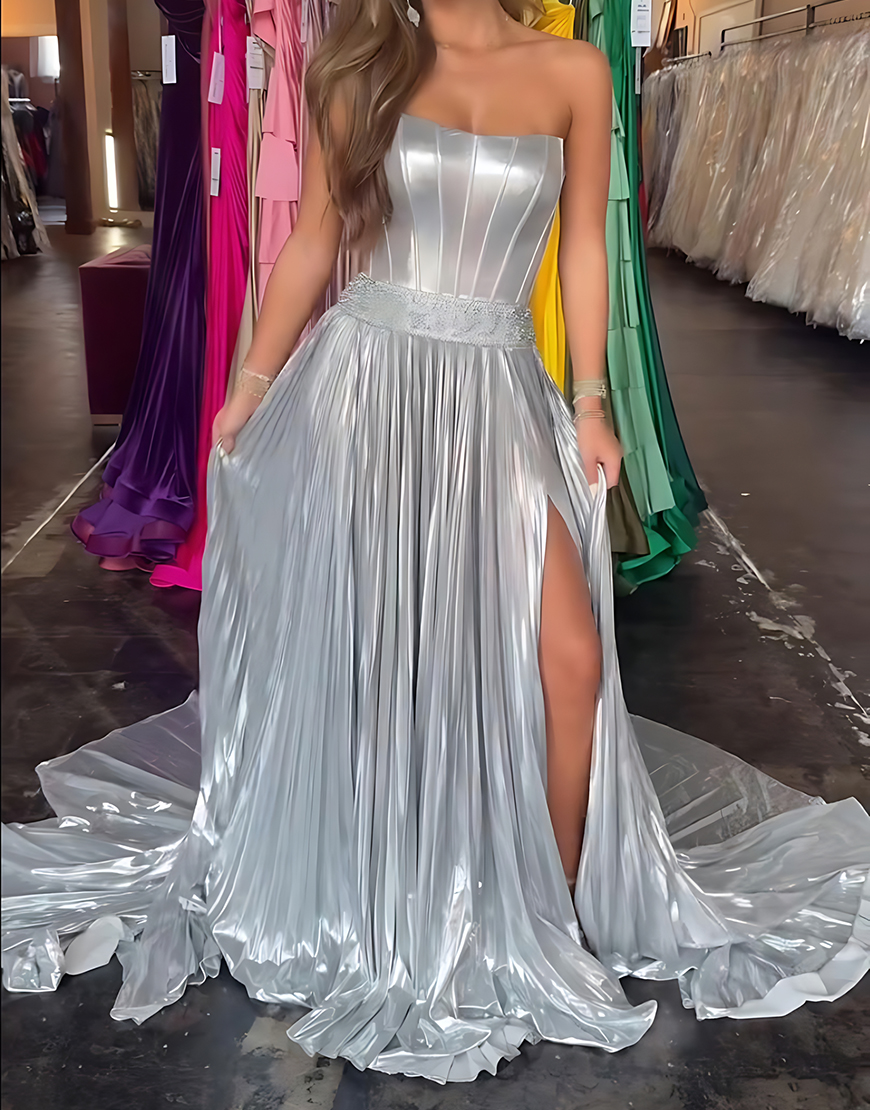 Sparkly Silver A Line Metallic Strapless Corset Long Prom Dress with Slit