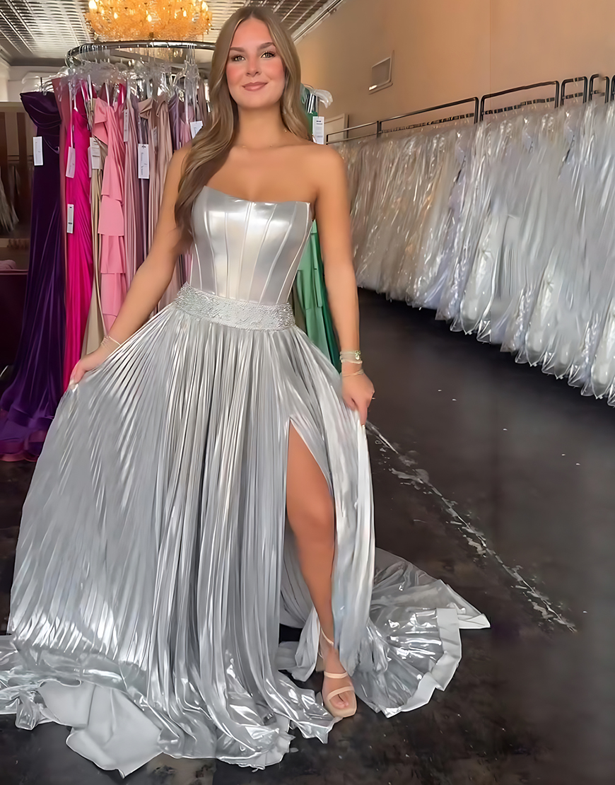 Sparkly Silver A Line Metallic Strapless Corset Long Prom Dress with Slit