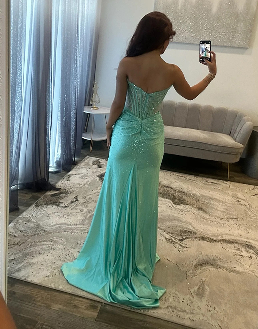 Sparkly Sheath Green Strapless Long Corset Prom Dress with Slit
